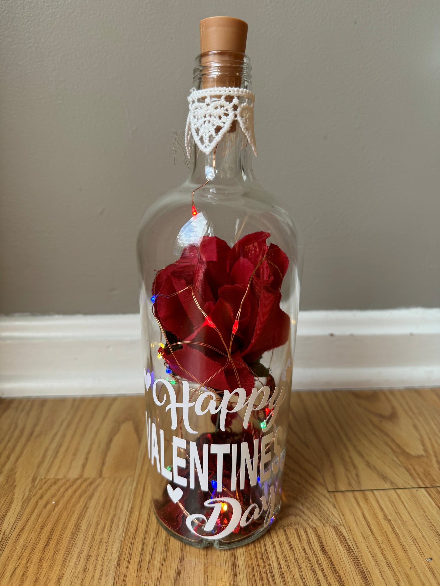 Lighted Valentine's Day Bottle with Red Roses and Whie Lettering