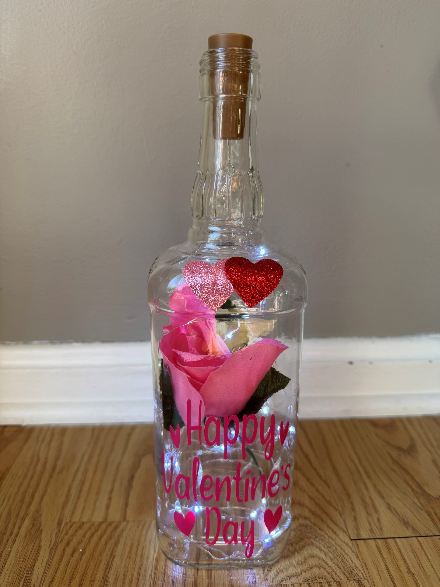 Lighted Valentine's Day Square Bottle with Pink Rose and Pink Lettering