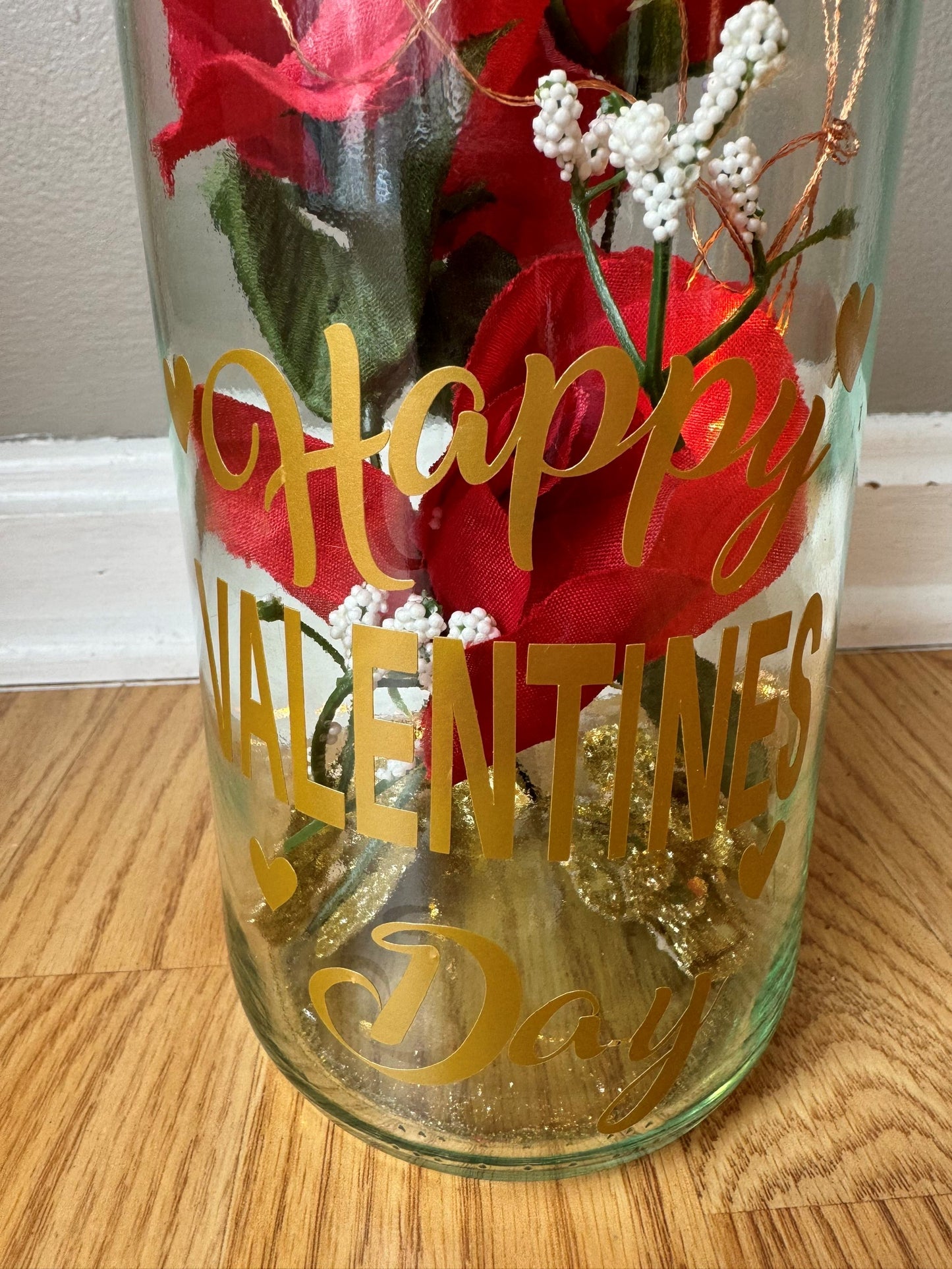 Lighted Valentine's Day Bottle with Red Roses and Gold Lettering