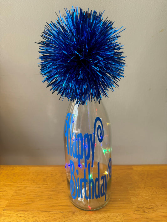 Lighted Happy Birthday Bottle with Blue Pom