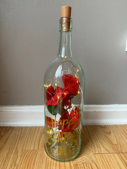 Lighted Valentine's Day Bottle with Red Roses and Gold Lettering