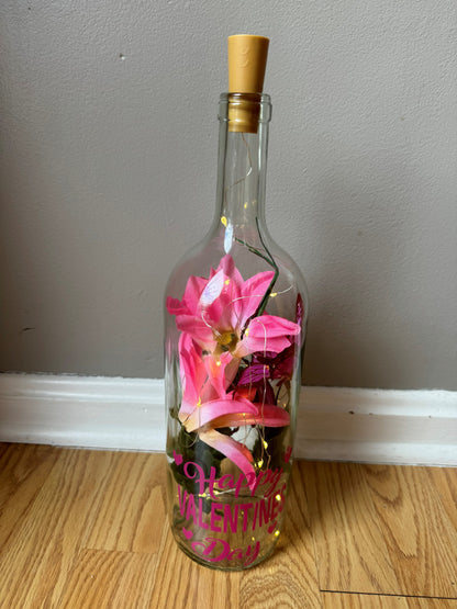 Lighted Valentine's Day Bottle with Pink Flowers and Pink Lettering