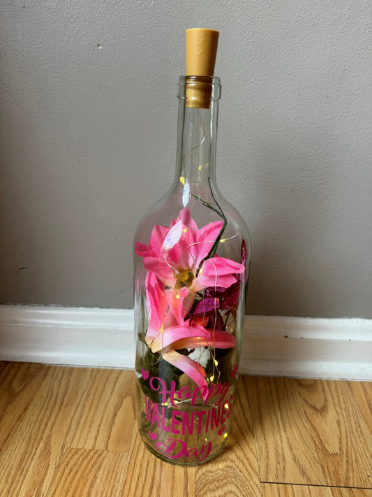 Lighted Valentine's Day Bottle with Pink Flowers and Pink Lettering