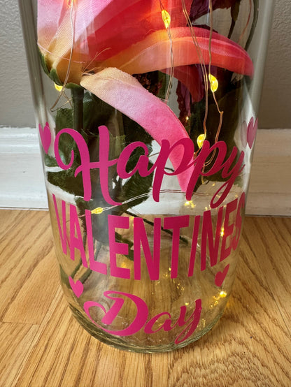 Lighted Valentine's Day Bottle with Pink Flowers and Pink Lettering