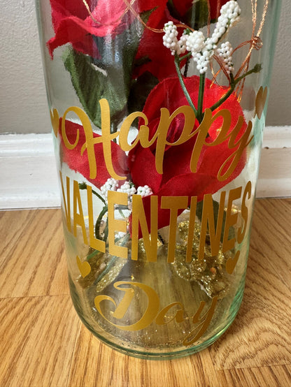 Lighted Valentine's Day Bottle with Red Roses and Gold Lettering