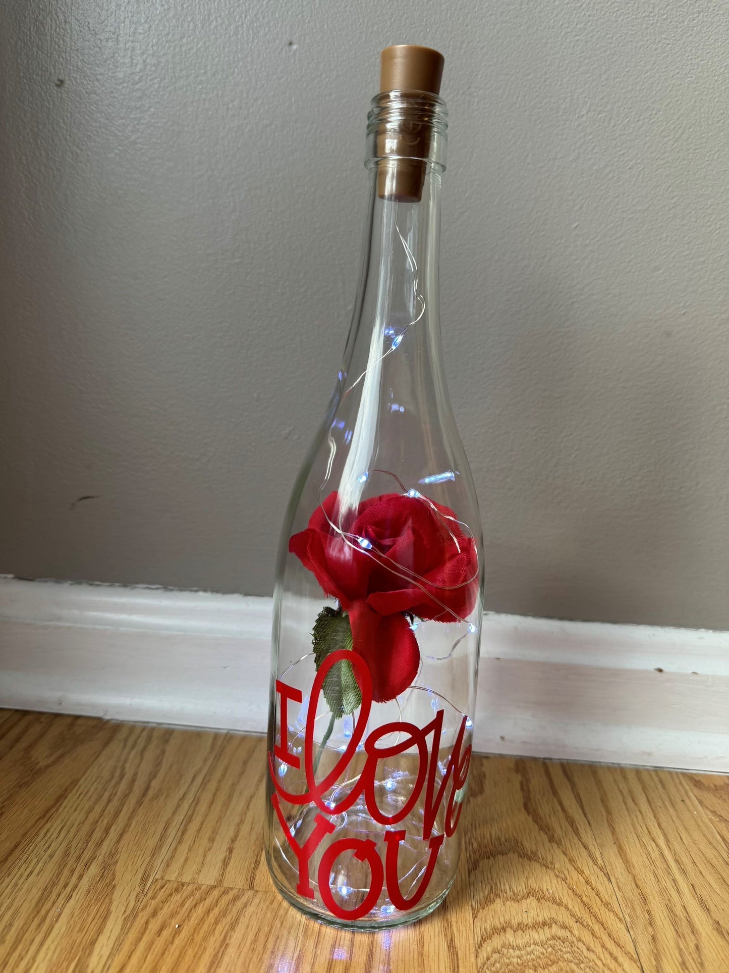 Lighted Valentine's Day Bottle with Red Rose and Red "I Love You"